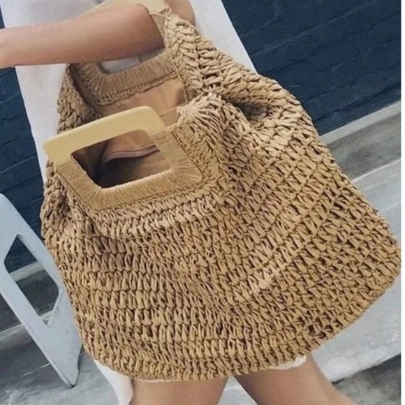 Boho straw large tote top handle summer bag - Picture 3 of 16